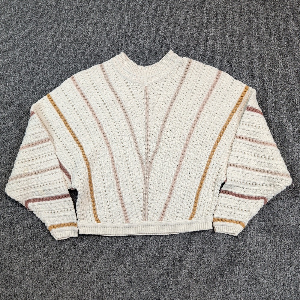 Stitch + Feather Boho Chevron Pointelle Striped Knit Sweater Size S Cream Earth